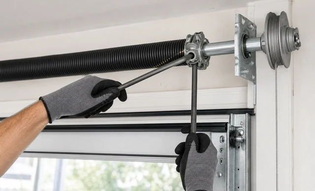 Close detail of a garage door torsion system inspection