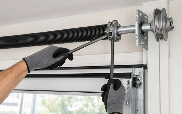 Close detail of a garage door torsion system inspection