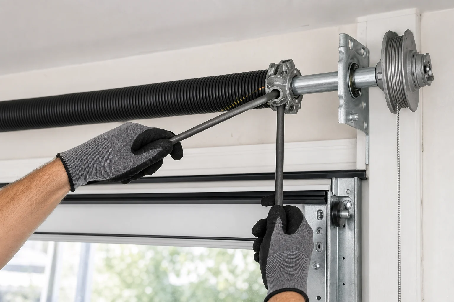 Technician servicing a garage door torsion spring assembly