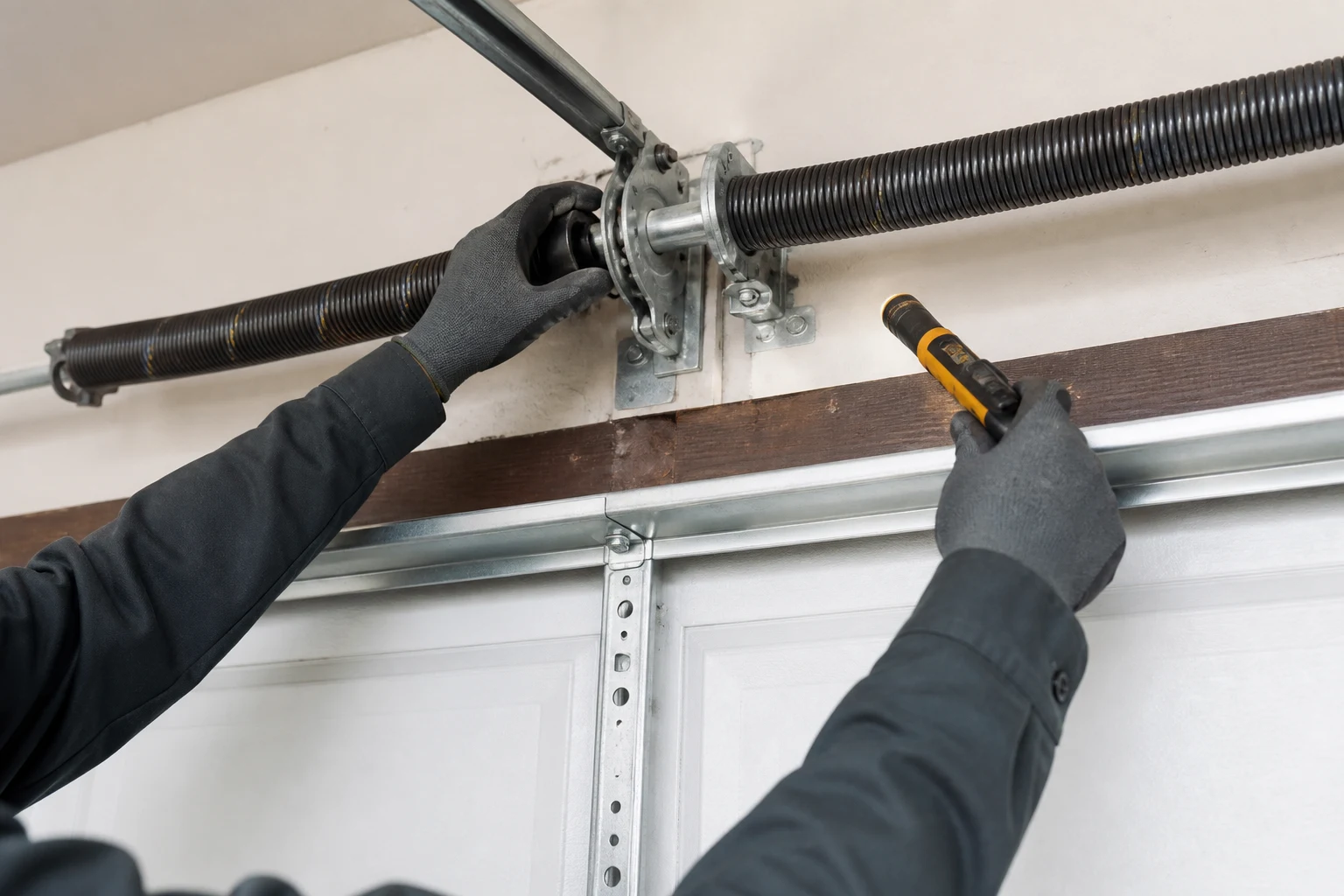 Technician adjusting a torsion spring above a sectional garage door