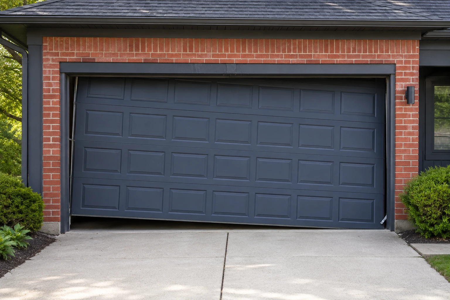Dark gray garage door hanging crooked and off track before repair