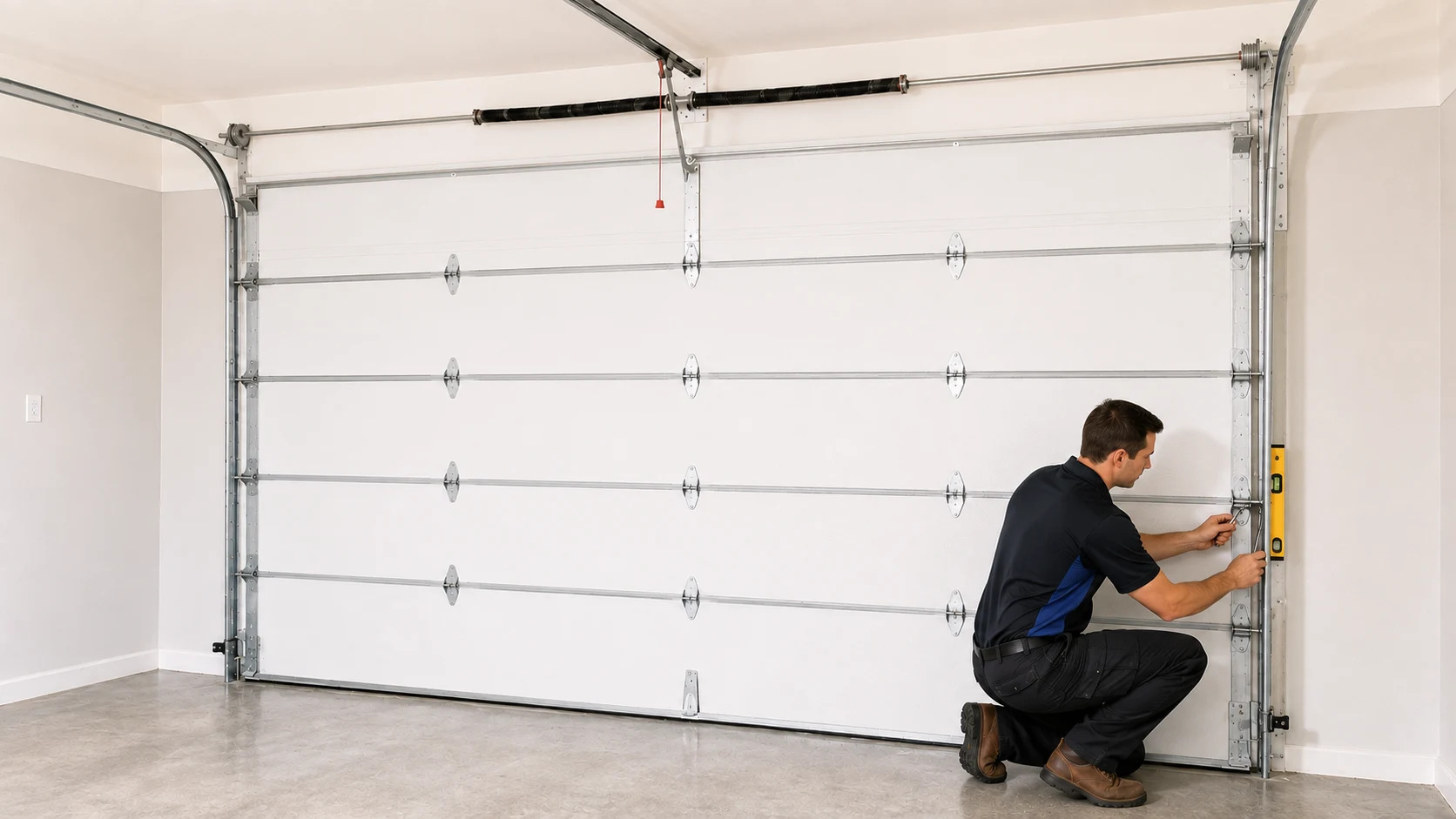 Technician checking and aligning the vertical track with a level