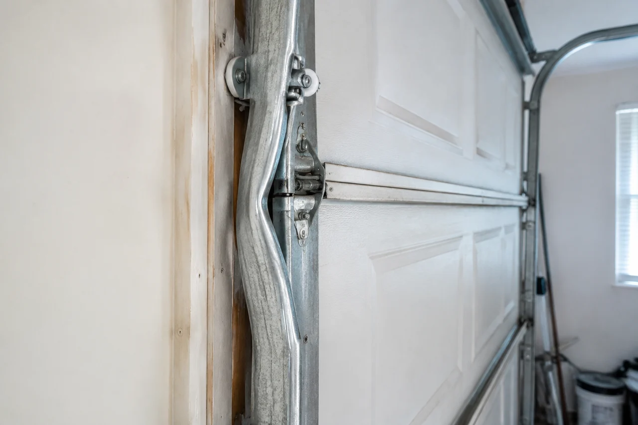 Bent vertical garage door track beside the sectional door rollers