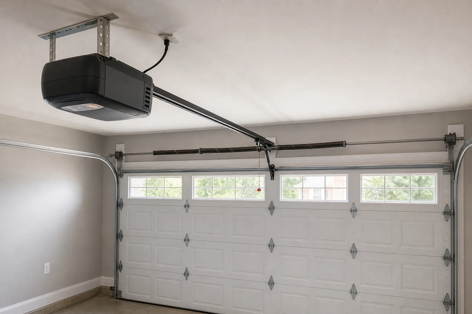 Two wall-mounted garage door openers installed beside torsion shafts