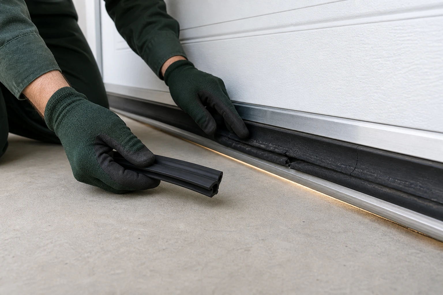 Technician fitting a new rubber bottom seal on a white garage door
