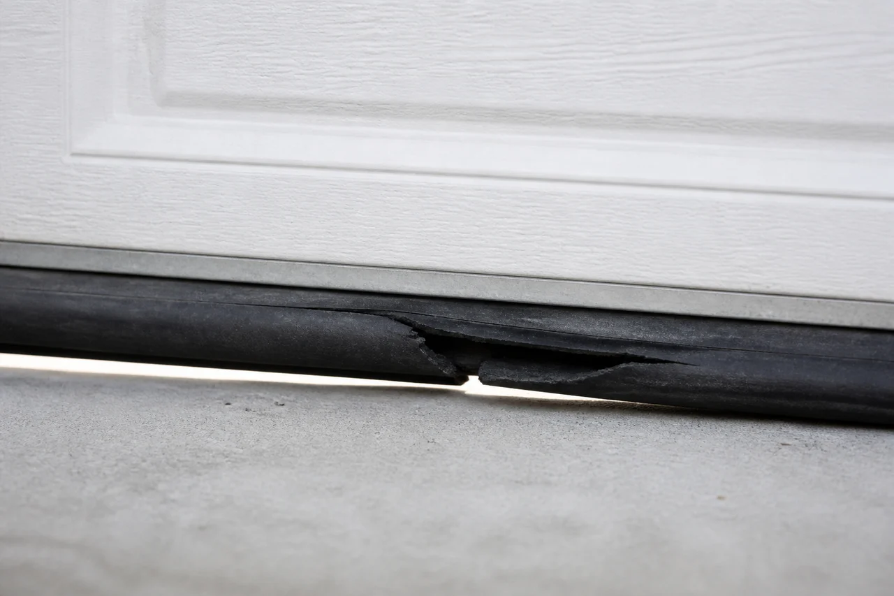 Close-up of a garage door bottom weather seal and retainer