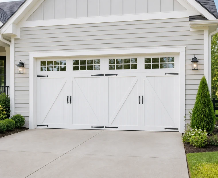 White carriage-style garage door in morning light