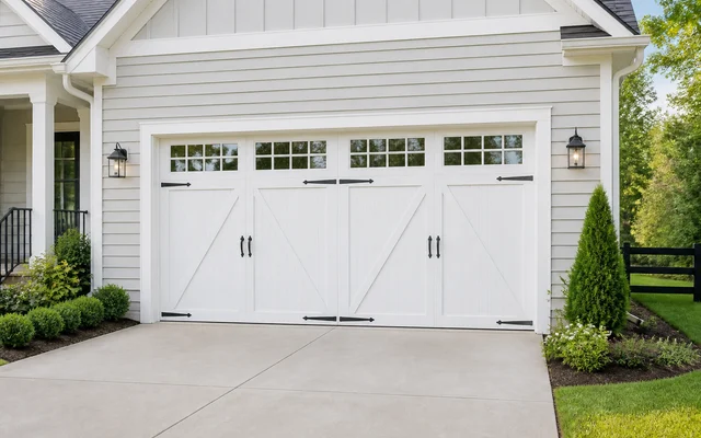 White carriage-style garage door in soft morning light