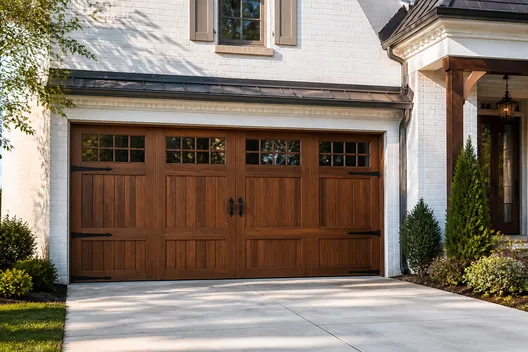 Wood carriage-style garage door on a white brick home