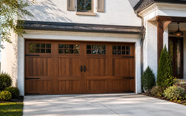 Warm wood carriage-style garage door on a bright home