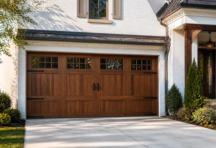 Warm wood carriage-style garage door on a white-brick Kentucky home