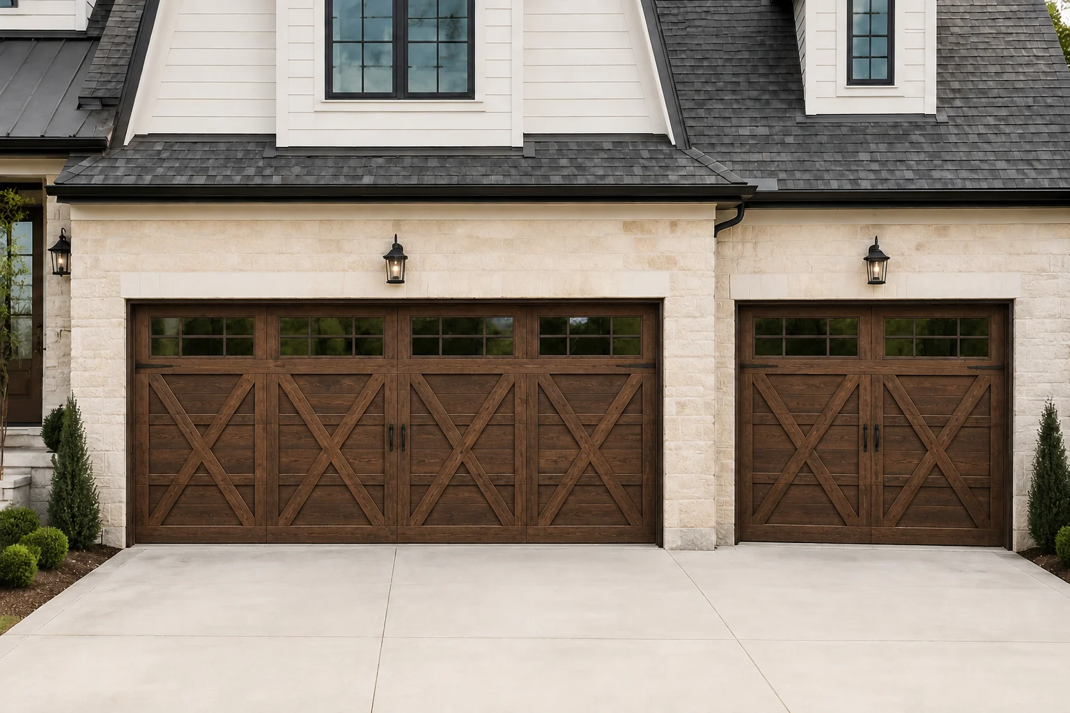 Wood-look carriage house garage doors with crossbuck overlay trim