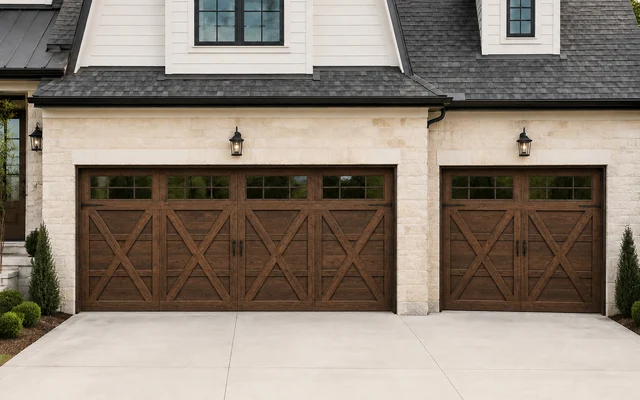 Wood-look carriage garage doors with cross-buck panels and top windows